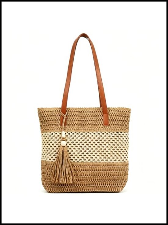 Handbags - Straw Beach Tote Bag for Women Woven Shoulder Purse with Zip
